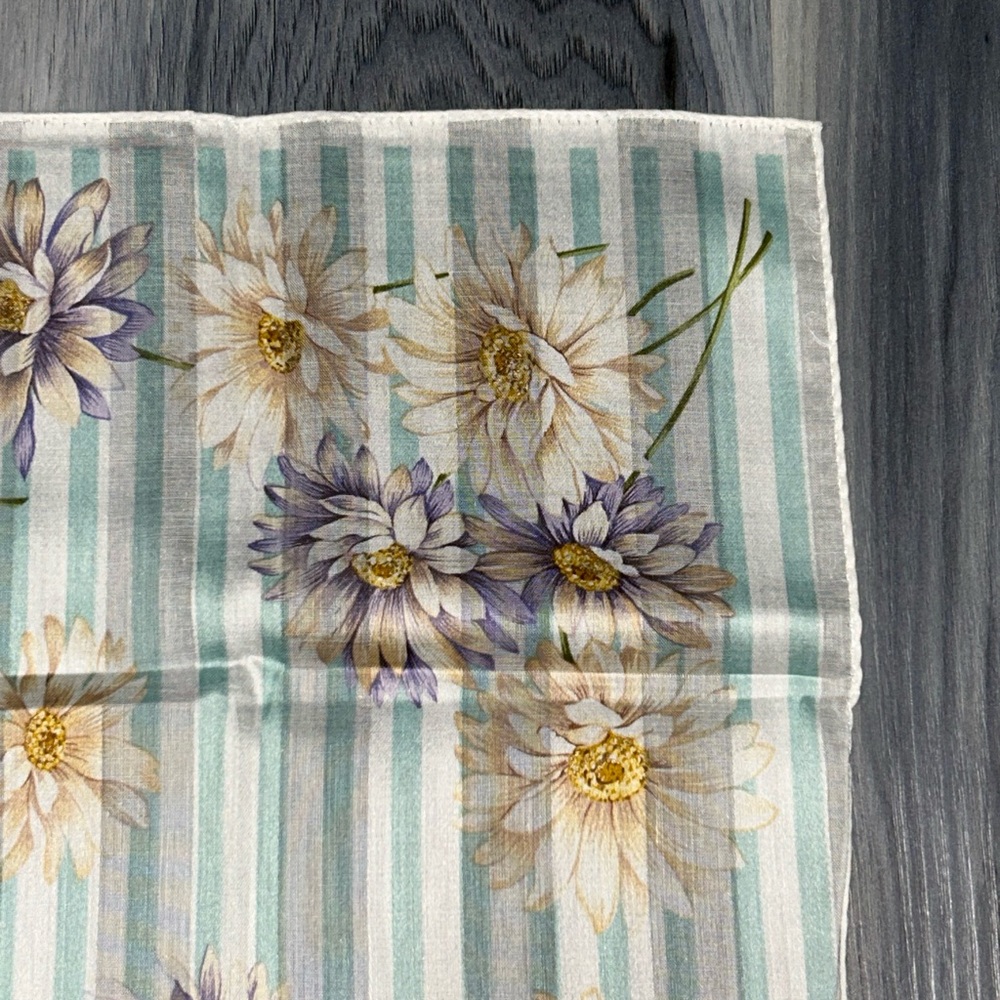 Yves Saint Laurent Vintage Mint & White Striped Floral Cotton Handkerchief Scarf - Picture 7 of 12